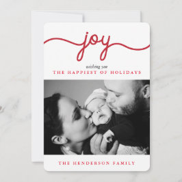 Joy Red Modern Script Cartões de foto de Natal
