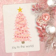 Joy To World Pink Tree Add Name Flat Xmas Card