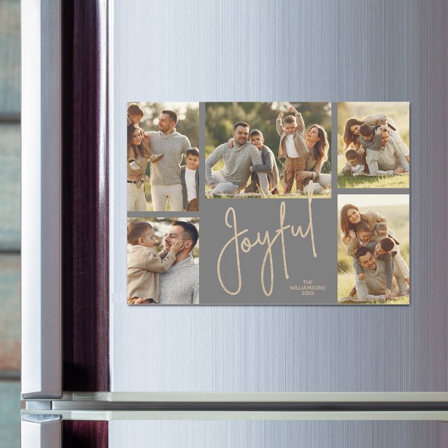 JOYFUL Christmas Photo Collage Magnetic Cards (JOYFUL script on silver grey Christmas photo collage holiday magnetic cards)