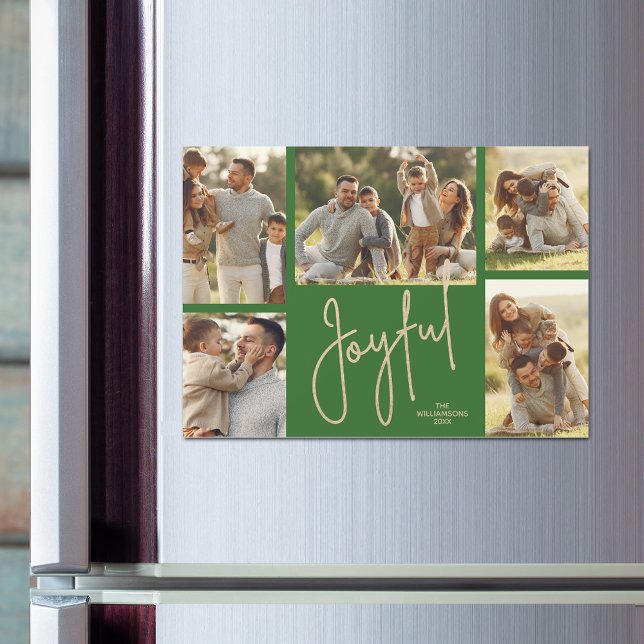 JOYFUL Christmas Photo Collage Magnetic Cards (JOYFUL script on green Christmas photo collage holiday magnetic cards)