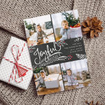 Joyful Wish | Cartão de Colagem de Fotos de Natal<br><div class="desc">Belo cartão com fotos de Natal baseado em tipografia mostra quatro de suas fotos de família quadrada favoritas em um layout de colagem. "Desejos Joyful" aparece no centro em tipografia escrita à mão branca sobre um fundo de cinza de carvão acentuado com folhas brancas esboçadas e groselhas vermelhas. Personalize com...</div>