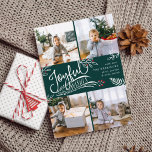 Joyful Wish | Cartão de Colagem de Fotos de Natal<br><div class="desc">Belo cartão com fotos de Natal baseado em tipografia mostra quatro de suas fotos de família quadrada favoritas em um layout de colagem. "Desejos Joyful" aparece no centro em tipografia branca, escrita à mão sobre um fundo verde caçador, acentuado com folhas brancas esboçadas e groselhas vermelhas. Personalize com sua saudação...</div>