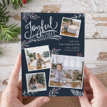 Joyful Wish | Cartão de Colagem de Fotos de Natal<br><div class="desc">Belo cartão com fotos de Natal baseado em tipografia mostra quatro de suas fotos de família quadrada favoritas em um layout de colagem. "Desejos Joyful" aparece no topo em tipografia branca, escrita à mão sobre um rico fundo azul-marinho, acentuado com folhas brancas esboçadas e groselhas ocas vermelhas. Personalize com sua...</div>