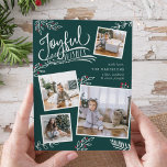 Joyful Wish | Cartão de Colagem de Fotos de Natal<br><div class="desc">Belo cartão com fotos de Natal baseado em tipografia mostra quatro de suas fotos de família quadrada favoritas em um layout de colagem. "Desejos Joyful" aparece no topo em tipografia branca, escrita à mão, sobre uma espiral escura verde, acentuada com folhas brancas esboçadas e groselhas vermelhas. Personalize com sua saudação...</div>