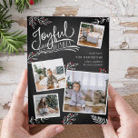 Joyful Wish | Cartão de Colagem de Fotos de Natal<br><div class="desc">Belo cartão com fotos de Natal baseado em tipografia mostra quatro de suas fotos de família quadrada favoritas em um layout de colagem. "Desejos Joyful" aparece no topo em tipografia escrita à mão branca sobre um fundo de cinza de carvão acentuado com folhas brancas esboçadas e groselhas vermelhas. Personalize com...</div>