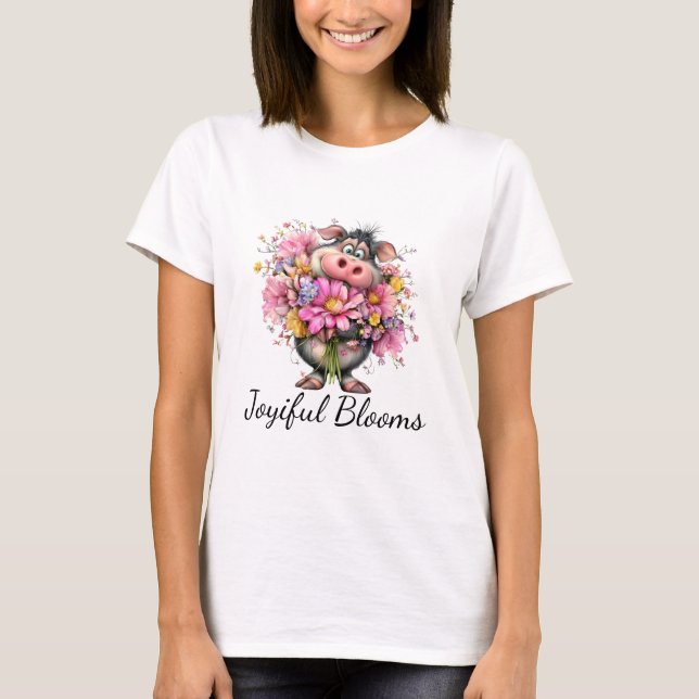 Joyiful Blooms Cute Pig Floral T-Shirt (Frente)