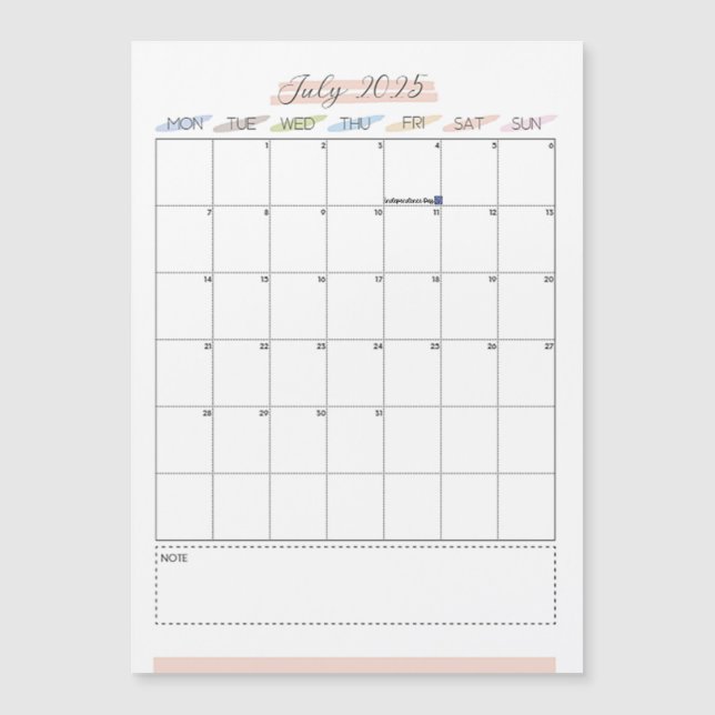 Jul. 2025 Calendário Magnético (Frente)