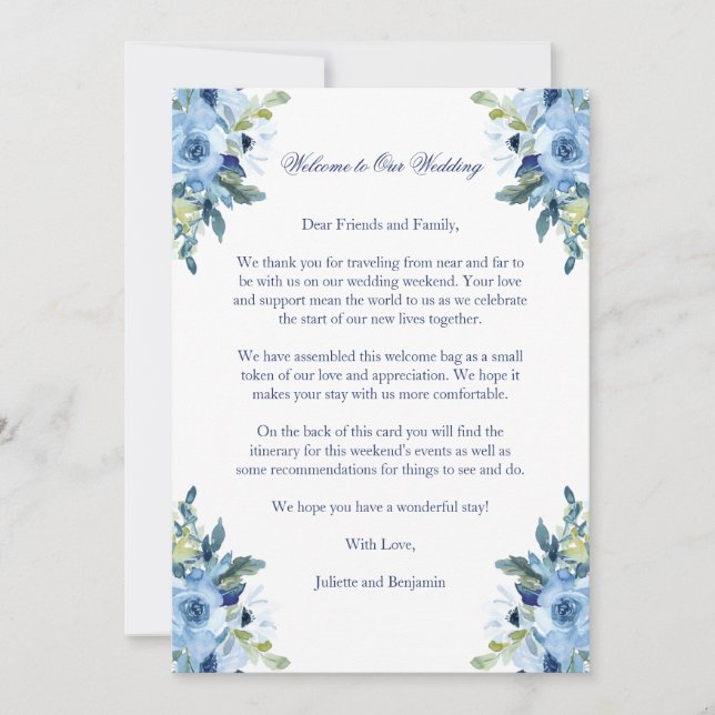 Juliette Blue Wedding Carta de Boas-vindas e Itine (Frente)