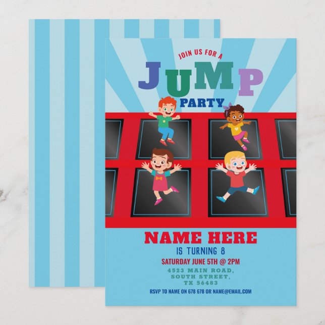 Jump Trampoline Birthday Blue Boys Convite (Frente/Verso)