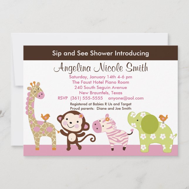 Jungle Jill / Rapariga Animais Sip & Veja Convite (Frente)