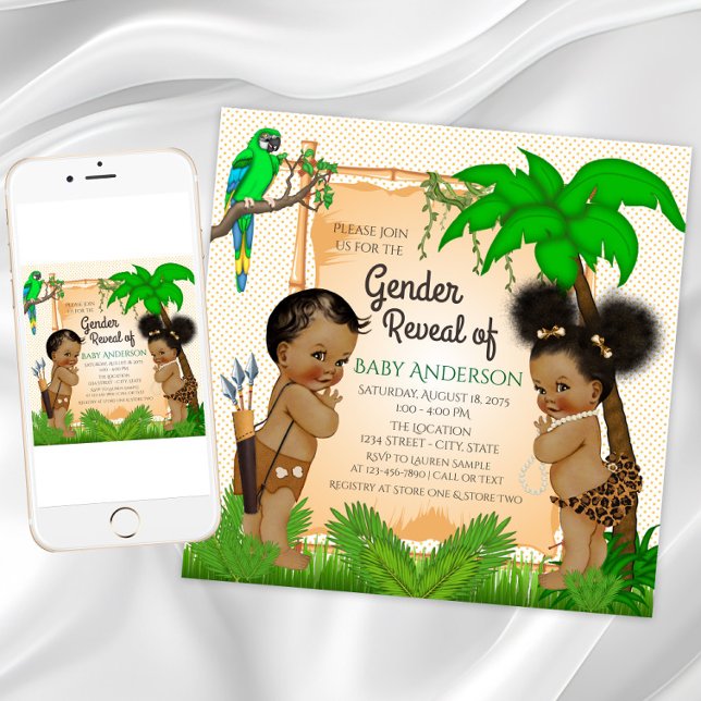 Jungle Safari Sexo Étnico Revela Convites (Cute safari gender reveal invitation. Instant download and printed invitations available. )