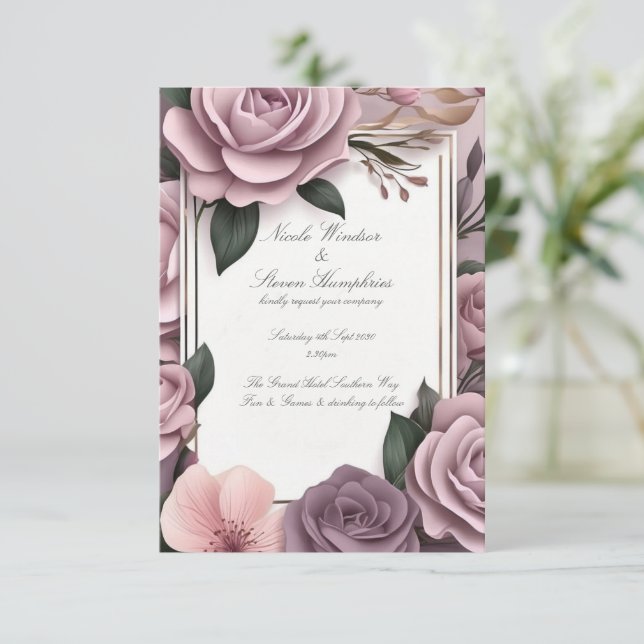 Juntos Convite para Casamento Floral de Mauve Fore (Em pé/Frente)