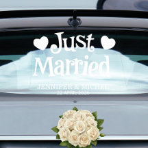 Just Married Wedding Car Window Cling with Hearts