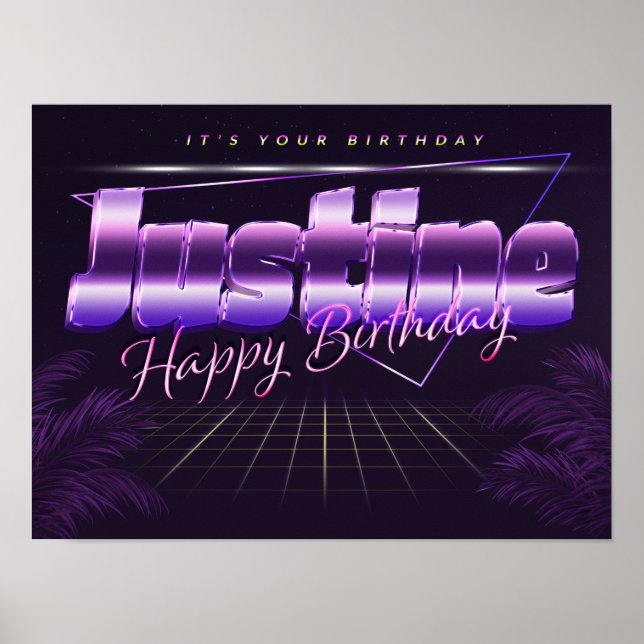 Justine Name Vorname lila retro Poster Geburtstag (Frente)