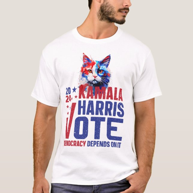 Kamala Harris Patriotic Cat T-Shirt (Frente)