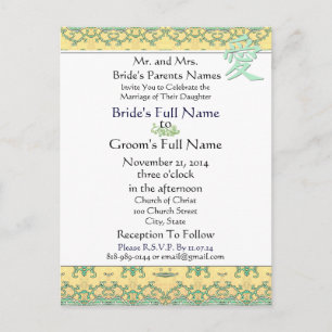 Kanji Por Amor no Convite Dourado Para Casamento