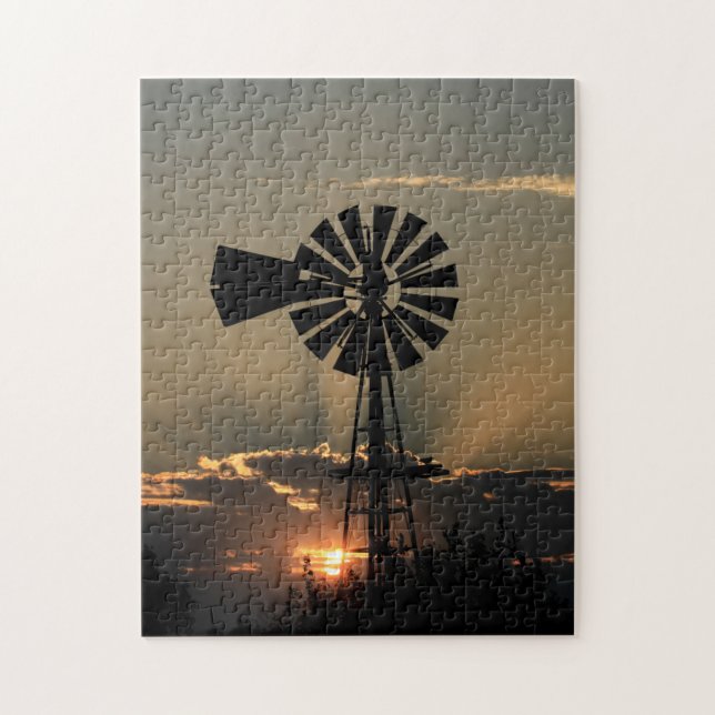 Kansas Windmill Sunset Com Sun Rays Quebra-cabeça  (Vertical)