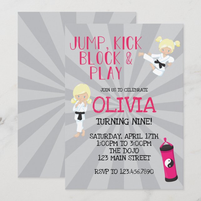 Karate Girl Pink Martits Convite de Aniversário (Frente/Verso)
