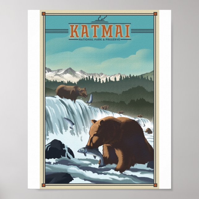 Katmai National Park Litho Trabalho de arte Poster (Frente)