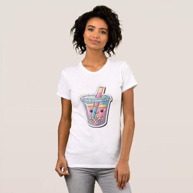 Kawaii Blue Boba Tea T-Shirt | Cute Smiling Bubble (Frente Completa)