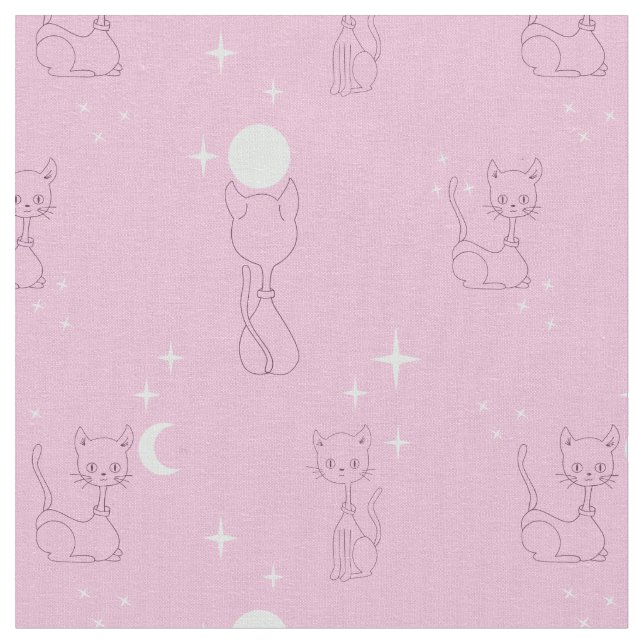 Kawaii Cute Cats Moon Stars Pink Patterno Tecido (Detalhe)