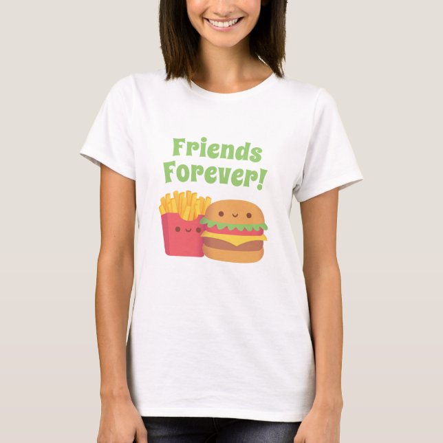 Kawaii Fries e Burger, Amigos para sempre T-Shirt (Frente)