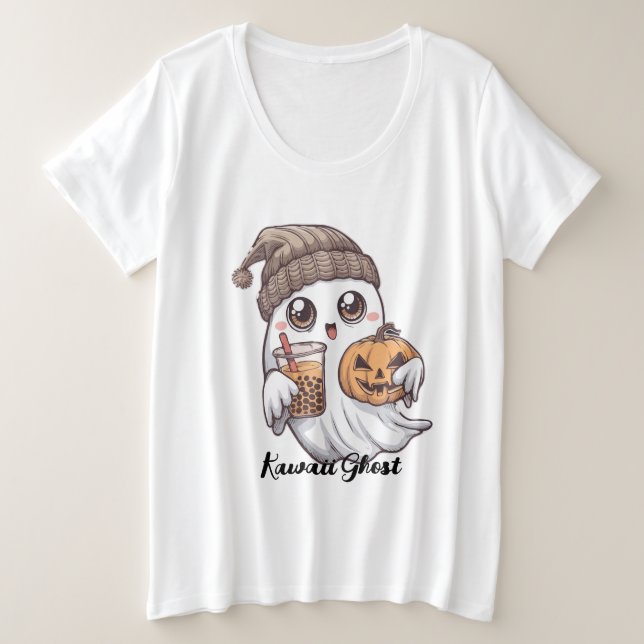 Kawaii Ghost T-Shirt - Cozy Hat, Boba Tea & Pumpki (Frente do Design)