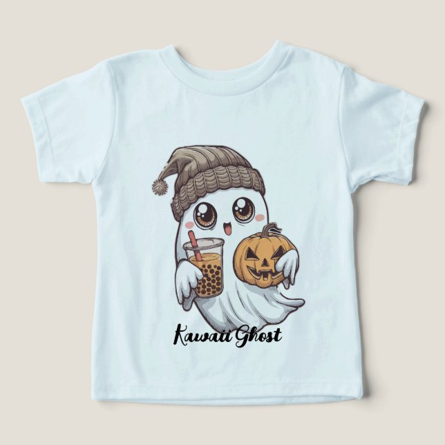 Kawaii Ghost T-Shirt - Cozy Hat, Boba Tea & Pumpki (Design frontal)