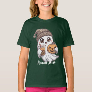 Kawaii Ghost T-Shirt - Cozy Hat, Boba Tea & Pumpki