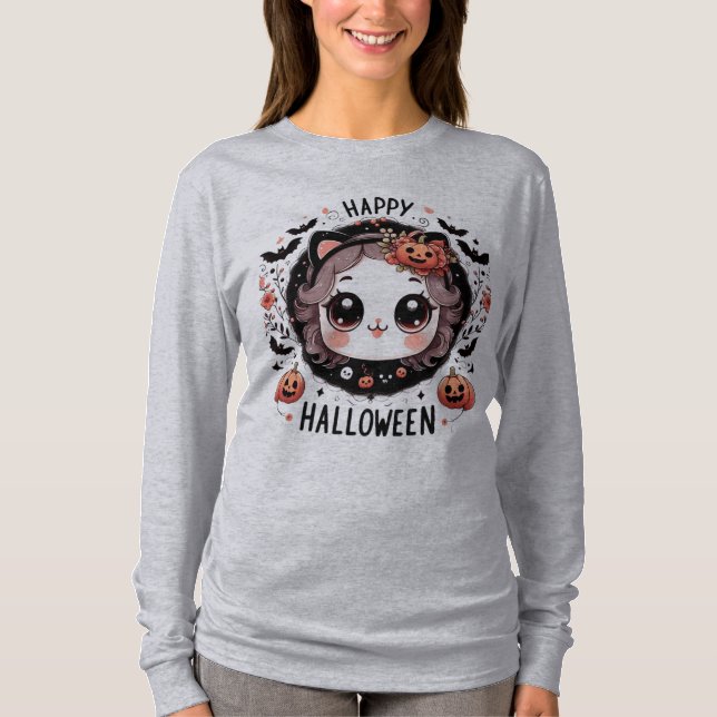Kawaii Halloween Cat Bat Pumpkin T-Shirt para Cria (Frente)