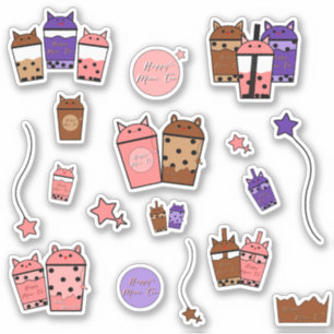Kawaii Meow Tea Adesivo de Vinil Conjunto de 17