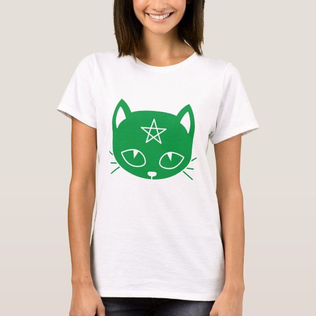 Kawaii Pagan Green Cat T-Shirt (Frente)