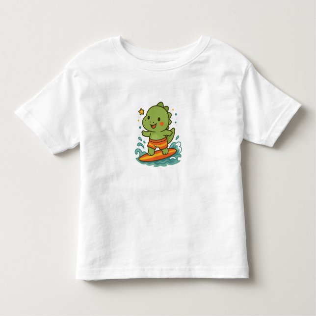 Kawaii Surfing Dinosaur for Kids T-Shirt 🦖🏄‍♂️✨ (Frente)
