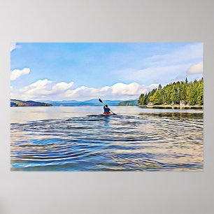 Kayaker no poster sereno do lago