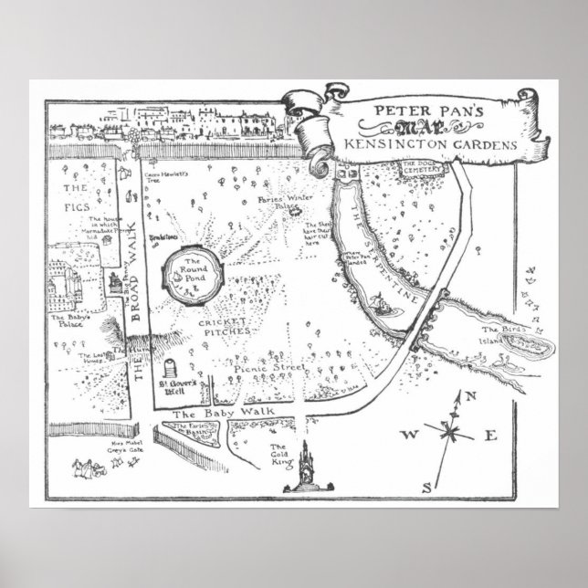 Kensington Gardens Peter Pan B & W Map Poster (Frente)