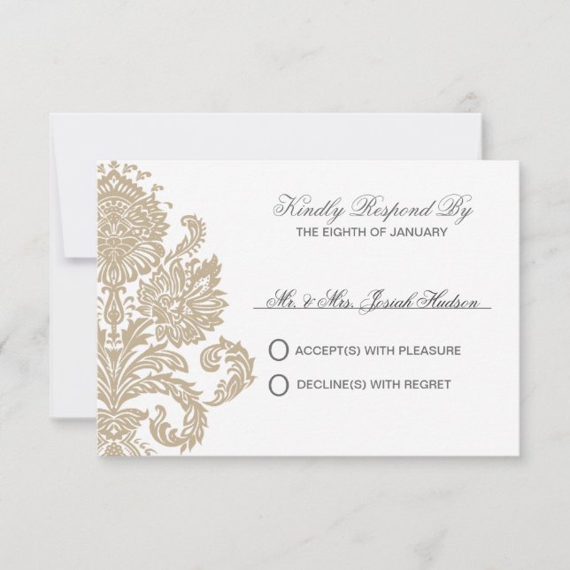 Khaki Damask Border Weding DIY RSVP Card (Frente)