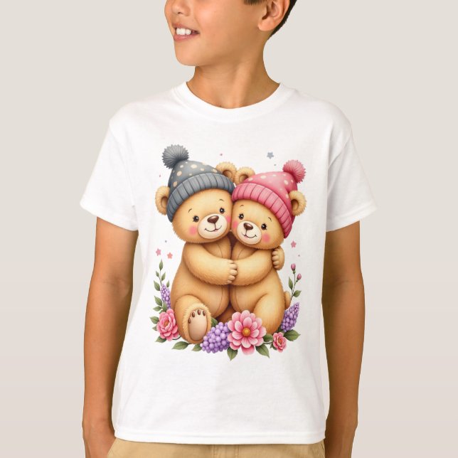 Kid T-Shirt With Two Teddy Bears With Caps (Frente)