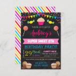 Kids Candy Themed Party Birthday Convite<br><div class="desc">Faz o tema da festa de aniversário de uma excelente! O convite apresenta gráficos doces/doces brilhantes e adoráveis e confetes coloridas num fundo falso de quadro de reflexão.</div>