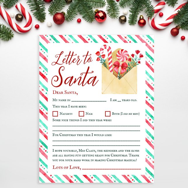 Kids de Aquarela Carta a Papais noeis Folha de Pap (Watercolor Kids Letter to Santa Paper Sheet)