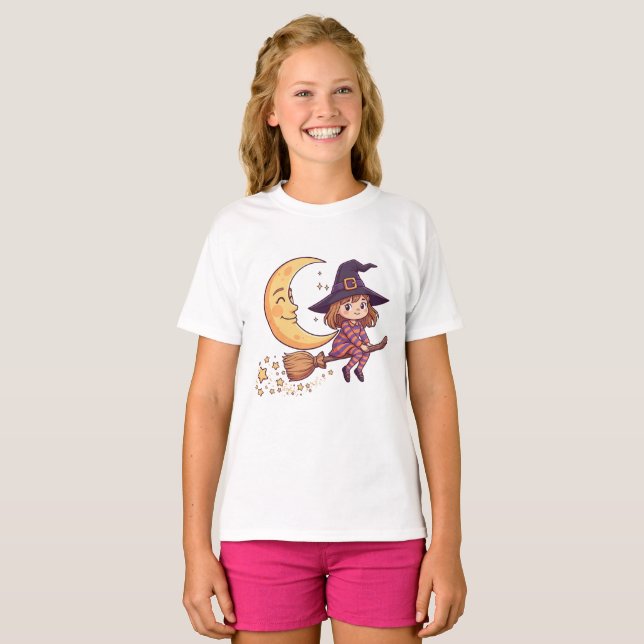 Kids Halloween Little Witch Moon T-Shirt (Frente Completa)