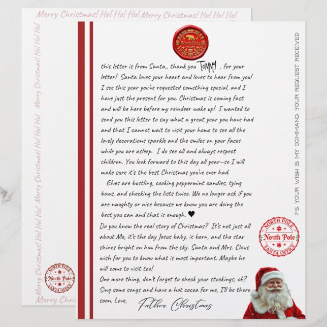 Kid's North Pole Comfirmation Letter From Santa (Frente/Verso)