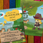 Kids Scavenger Hunt Convite de aniversário<br><div class="desc">Um convite de aniversário de criança fofo apresentando um desenho animado de uma cena de jardim com uma garota e um gato com um tema de tesouro ou caçada de tesouros.</div>