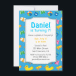 Kids Summer Splash Birthday Piscina Convite de fes<br><div class="desc">Planejar crianças que têm aniversários no verão? Um tema colorido da piscina é perfeito para acalmar o calor e divertir-se. Faça um salto com convidados com este legal convite de aniversário azul que tem elementos fofos de piscina organizados em um padrão. Inclui itens como tronco verde, balde azul com ícone...</div>