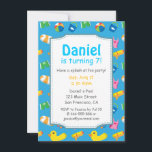 Kids Summer Splash Birthday Piscina Convite de fes<br><div class="desc">Planejar crianças que têm aniversários no verão? Um tema colorido da piscina é perfeito para acalmar o calor e divertir-se. Faça um salto com convidados com este legal convite de aniversário azul que tem elementos fofos de piscina organizados em um padrão. Inclui itens como tronco verde, balde azul com ícone...</div>