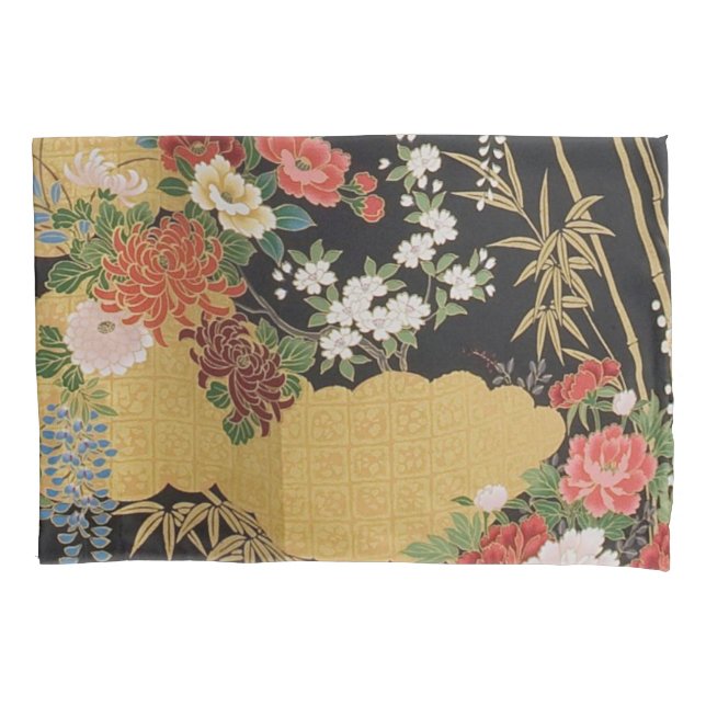 Kimono Floral Japonês Tradicional Preto e Dourado (Frente)