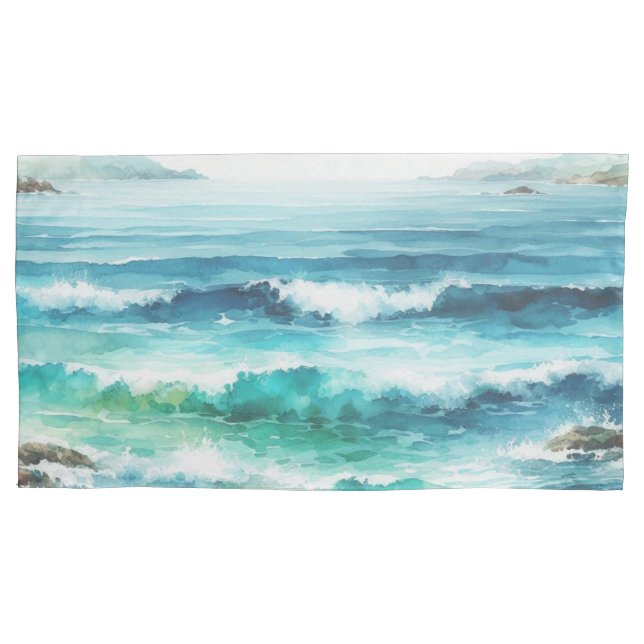 King Travesseiro Ocean Waves Beach Watercolor (Frente-Esquerda)