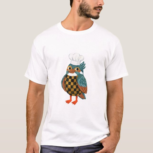 Kingfisher Chef Hat T-Shirt – Folk Art Design (Frente)