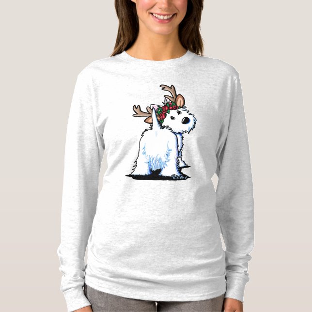 KiniArt Fluffybutt Westie Reindeer T-Shirt (Frente)