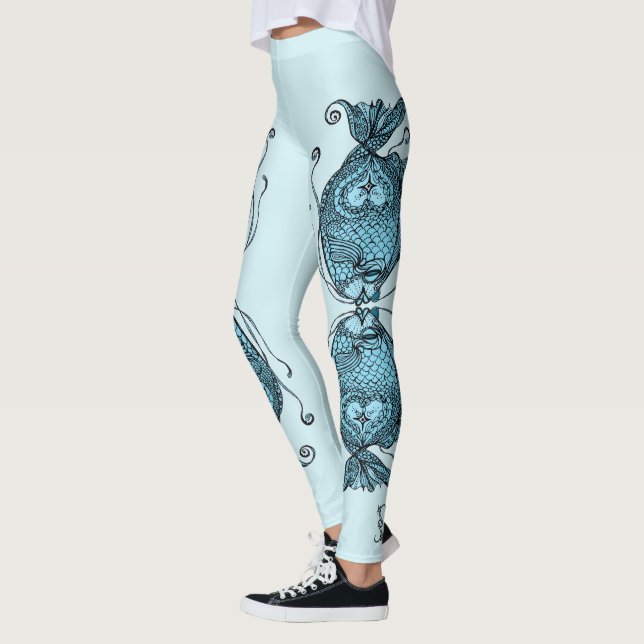 Kissing Fish Art Aqua Blue Leggings (Esquerda)
