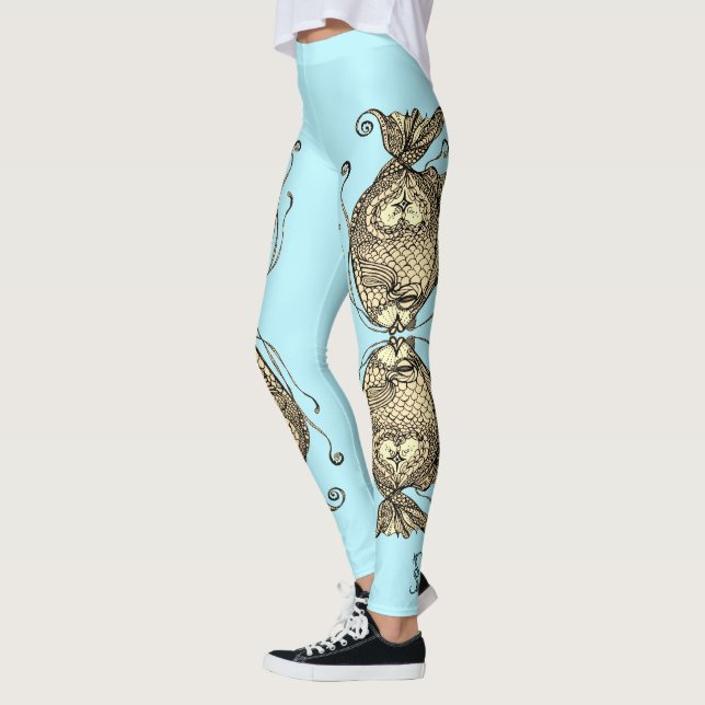 Kissing Fish Art Aqua Sepia Leggings (Esquerda)